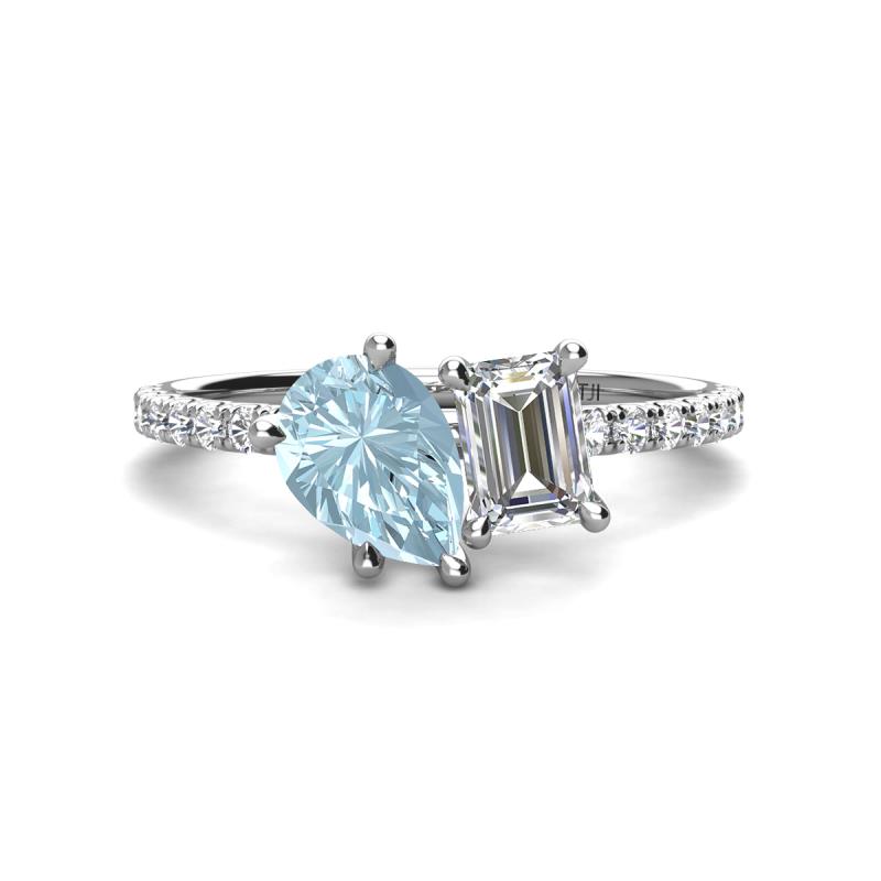 Zahara 9x6 mm Pear Aquamarine and GIA Certified 7x5 mm Emerald Cut Diamond 2 Stone Duo Ring 