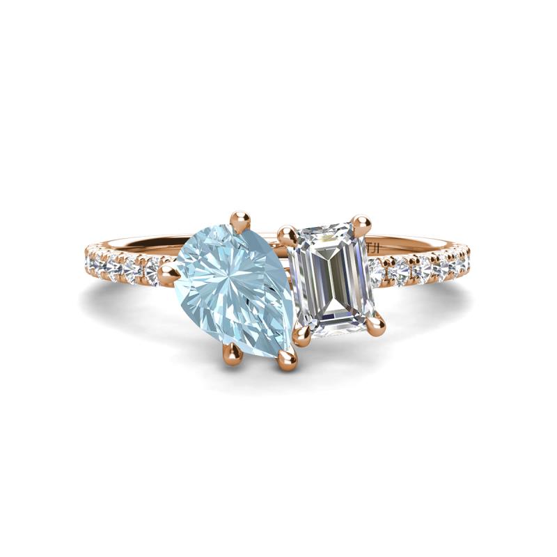 Zahara 9x6 mm Pear Aquamarine and 7x5 mm Emerald Cut Forever Brilliant Moissanite 2 Stone Duo Ring 