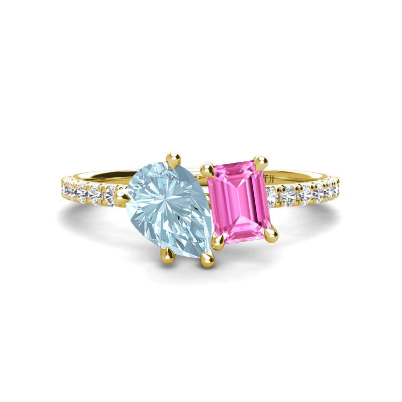 Zahara 9x6 mm Pear Aquamarine and 7x5 mm Emerald Cut Lab Created Pink Sapphire 2 Stone Duo Ring 