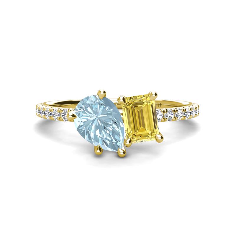 Zahara 9x6 mm Pear Aquamarine and 7x5 mm Emerald Cut Lab Created Yellow Sapphire 2 Stone Duo Ring 