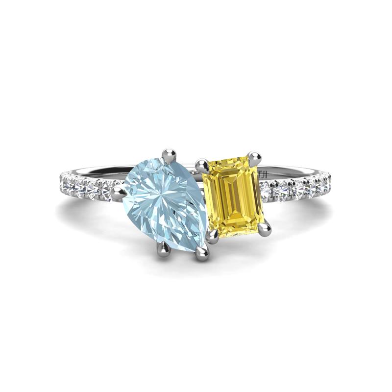 Zahara 9x6 mm Pear Aquamarine and 7x5 mm Emerald Cut Lab Created Yellow Sapphire 2 Stone Duo Ring 