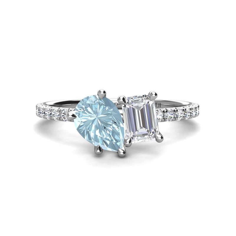 Zahara 9x6 mm Pear Aquamarine and 7x5 mm Emerald Cut White Sapphire 2 Stone Duo Ring 