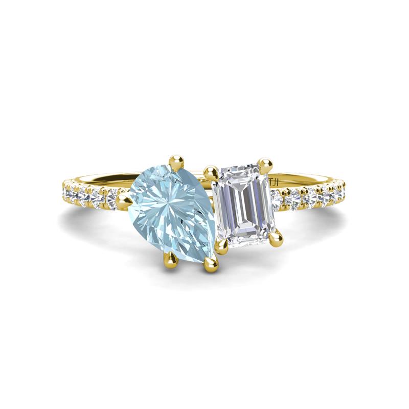 Zahara 9x6 mm Pear Aquamarine and 7x5 mm Emerald Cut White Sapphire 2 Stone Duo Ring 
