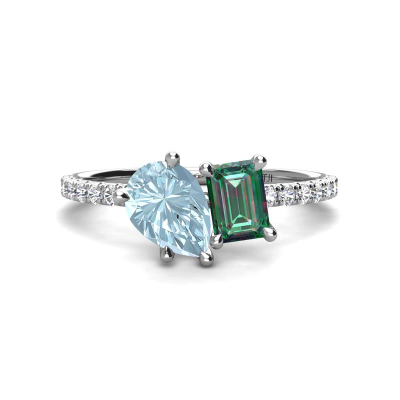Zahara 9x6 mm Pear Aquamarine and 7x5 mm Emerald Cut Lab Created Alexandrite 2 Stone Duo Ring 