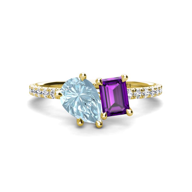 Zahara 9x6 mm Pear Aquamarine and 7x5 mm Emerald Cut Amethyst 2 Stone Duo Ring 