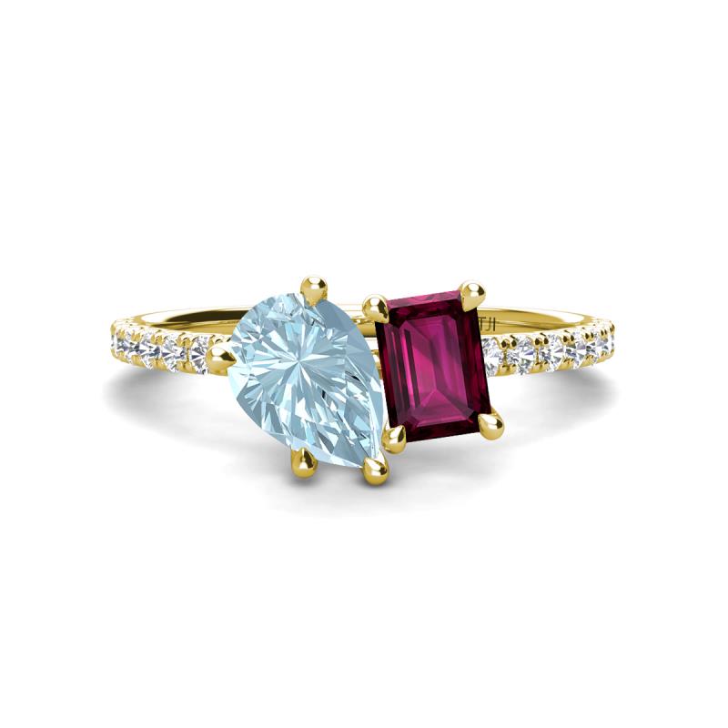 Zahara 9x6 mm Pear Aquamarine and 7x5 mm Emerald Cut Rhodolite Garnet 2 Stone Duo Ring 