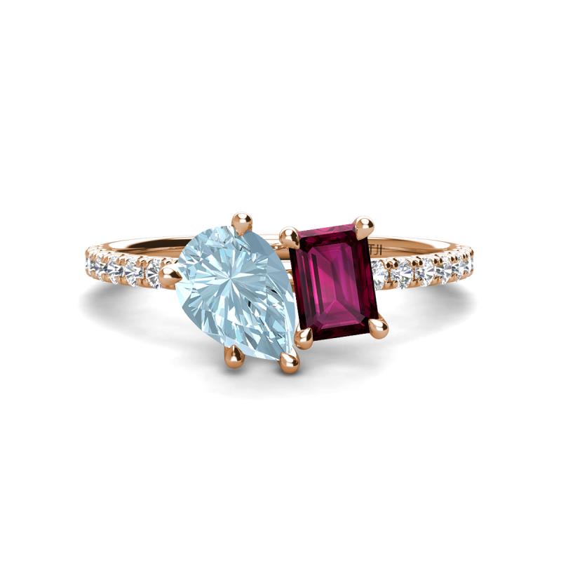 Zahara 9x6 mm Pear Aquamarine and 7x5 mm Emerald Cut Rhodolite Garnet 2 Stone Duo Ring 