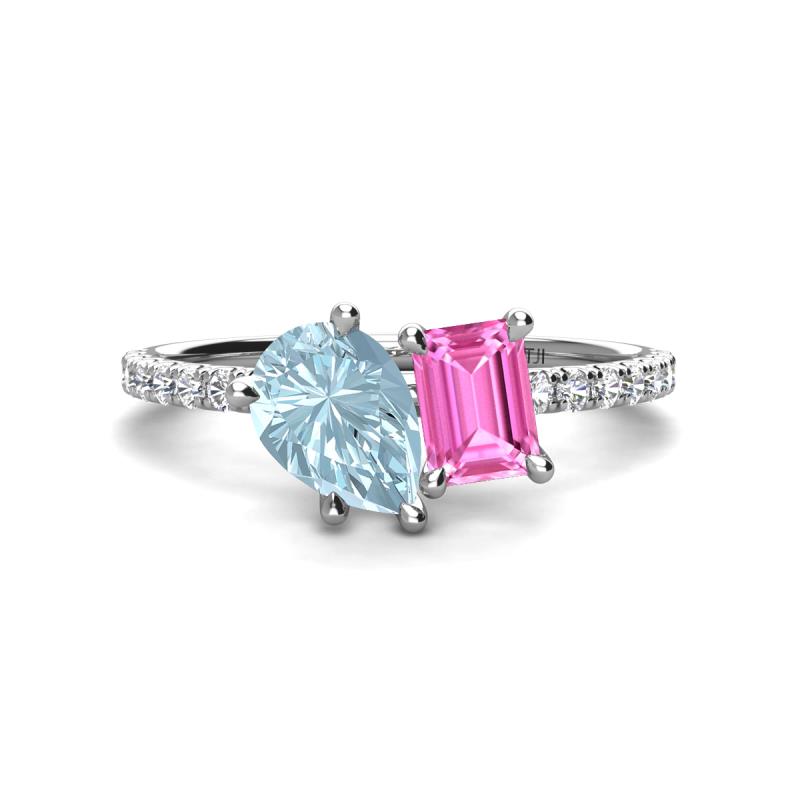 Zahara 9x6 mm Pear Aquamarine and 7x5 mm Emerald Cut Lab Created Pink Sapphire 2 Stone Duo Ring 