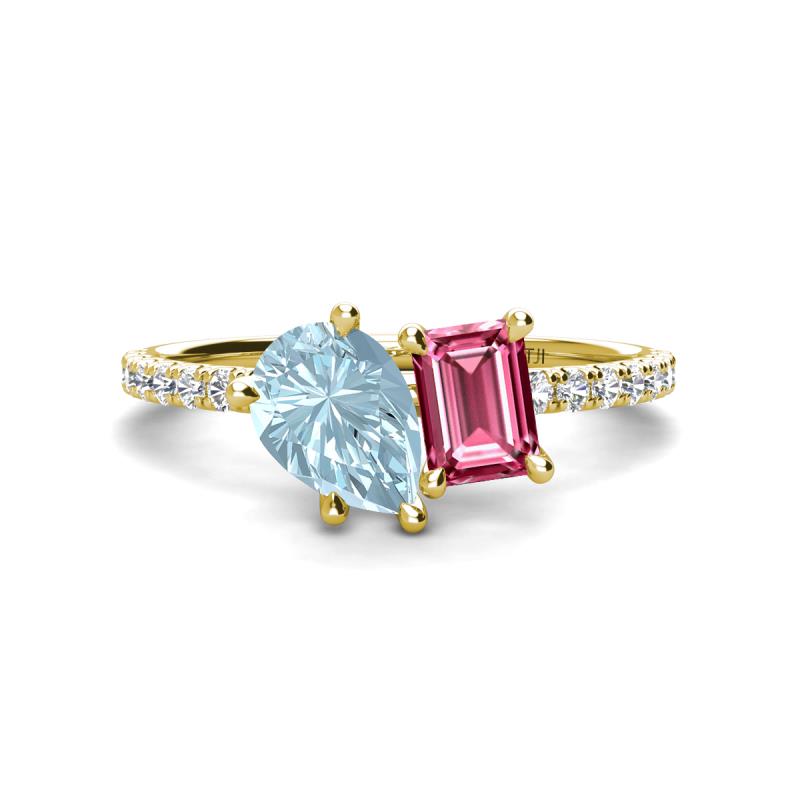 Zahara 9x6 mm Pear Aquamarine and 7x5 mm Emerald Cut Pink Tourmaline 2 Stone Duo Ring 