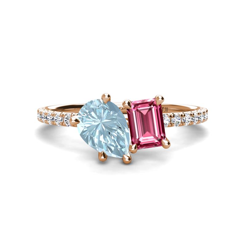 Zahara 9x6 mm Pear Aquamarine and 7x5 mm Emerald Cut Pink Tourmaline 2 Stone Duo Ring 