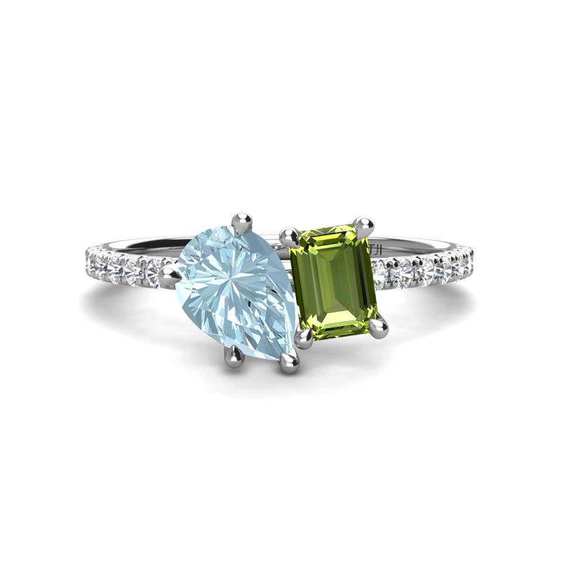 Zahara 9x6 mm Pear Aquamarine and 7x5 mm Emerald Cut Peridot 2 Stone Duo Ring 