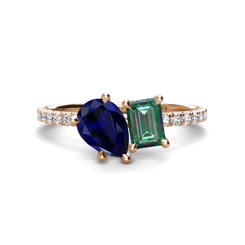 Zahara 9x7 mm Pear Blue Sapphire and 7x5 mm Emerald Cut Lab Created Alexandrite 2 Stone Duo Ring 