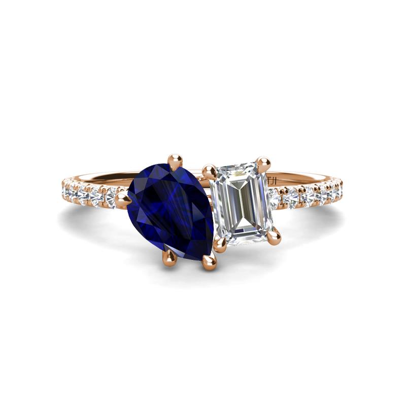 Zahara 9x7 mm Pear Blue Sapphire and 7x5 mm Emerald Cut Forever One Moissanite 2 Stone Duo Ring 