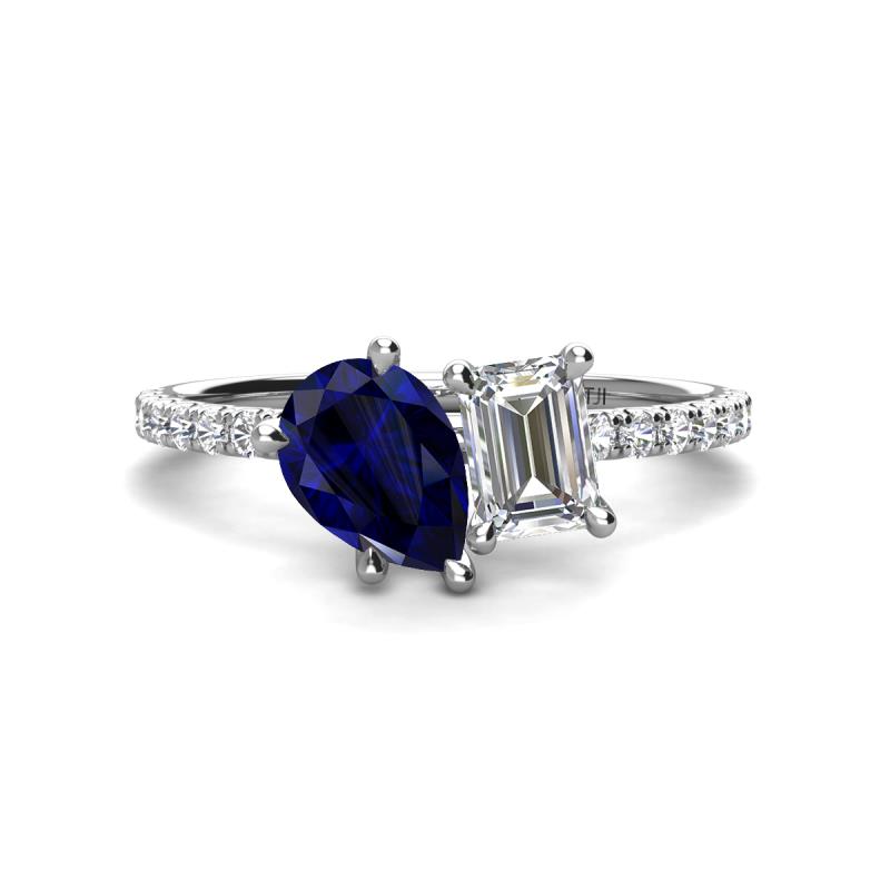 Zahara 9x7 mm Pear Blue Sapphire and 7x5 mm Emerald Cut Forever Brilliant Moissanite 2 Stone Duo Ring 