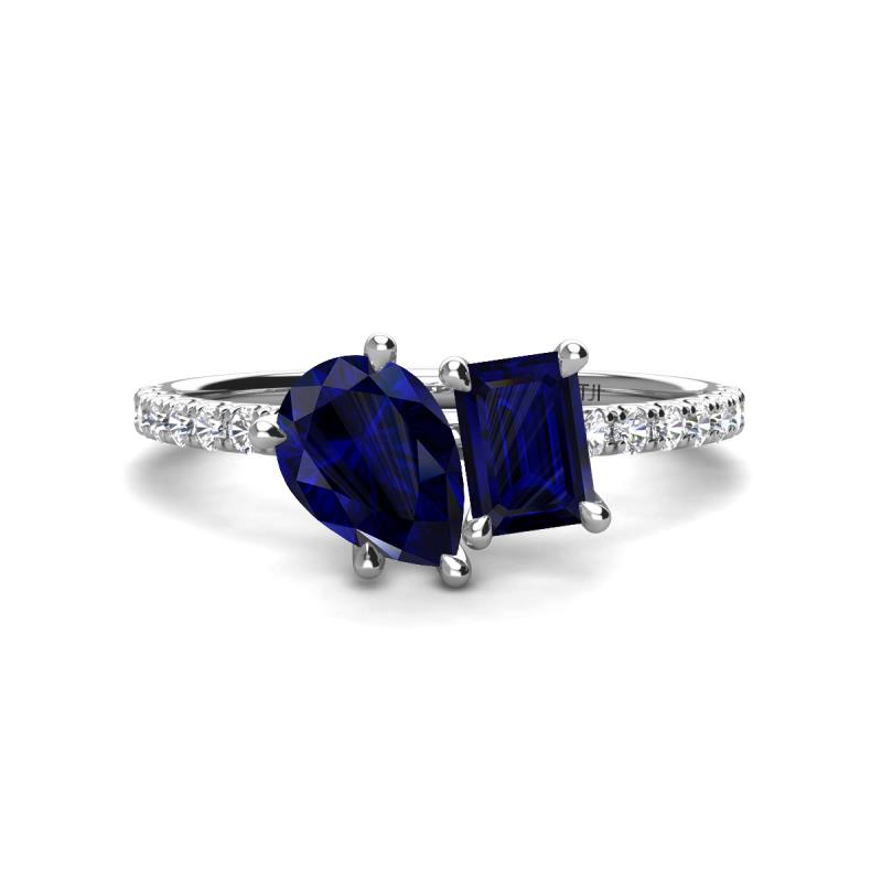 Zahara 9x7 mm Pear Blue Sapphire and 7x5 mm Emerald Cut Lab Created Blue Sapphire 2 Stone Duo Ring 