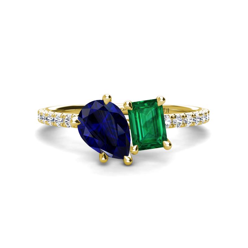 Zahara 9x7 mm Pear Blue Sapphire and 7x5 mm Emerald Cut Lab Created Emerald 2 Stone Duo Ring 