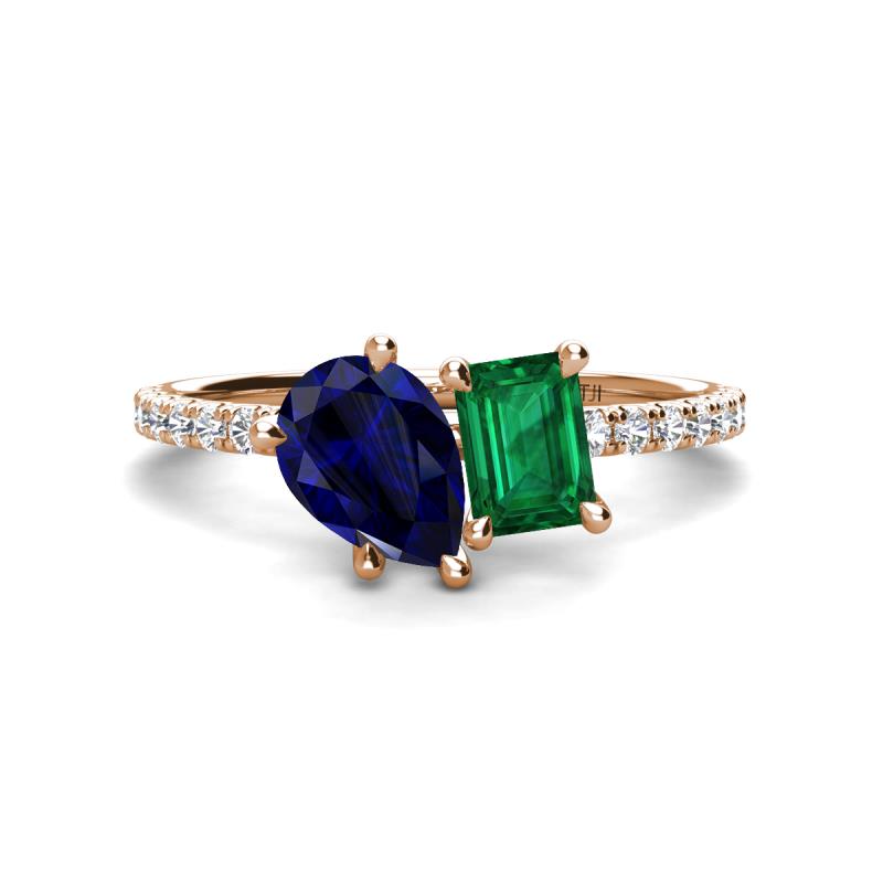 Zahara 9x7 mm Pear Blue Sapphire and 7x5 mm Emerald Cut Lab Created Emerald 2 Stone Duo Ring 