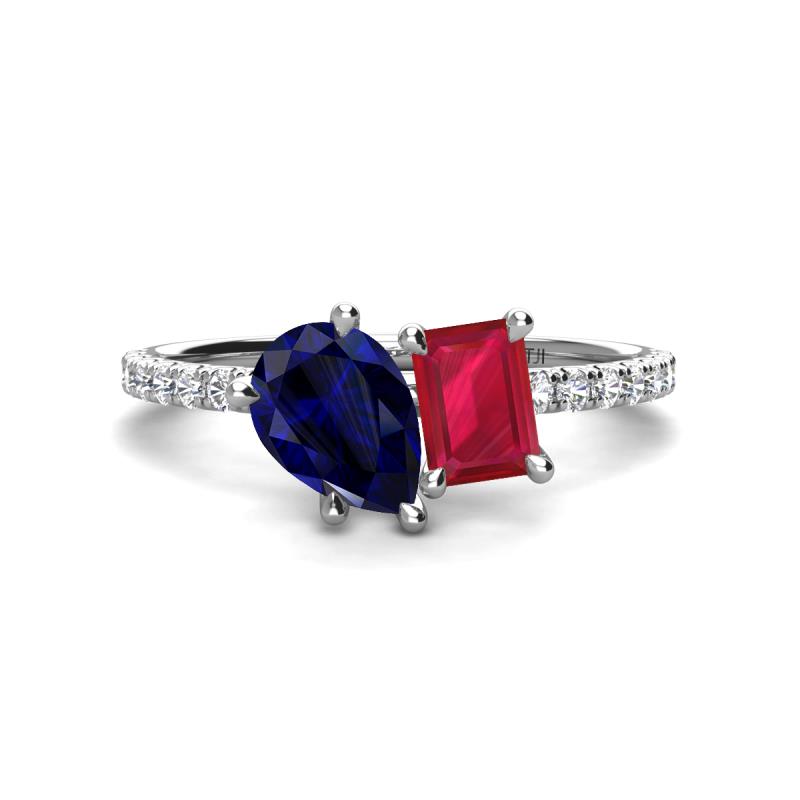 Zahara 9x7 mm Pear Blue Sapphire and 7x5 mm Emerald Cut Lab Created Ruby 2 Stone Duo Ring 