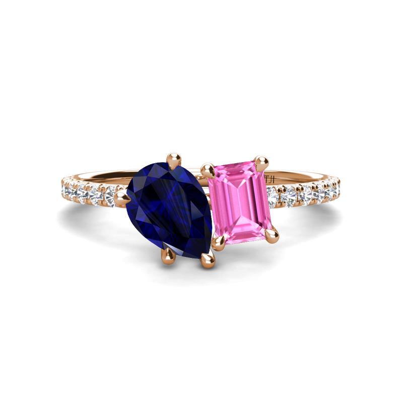Zahara 9x7 mm Pear Blue Sapphire and 7x5 mm Emerald Cut Lab Created Pink Sapphire 2 Stone Duo Ring 