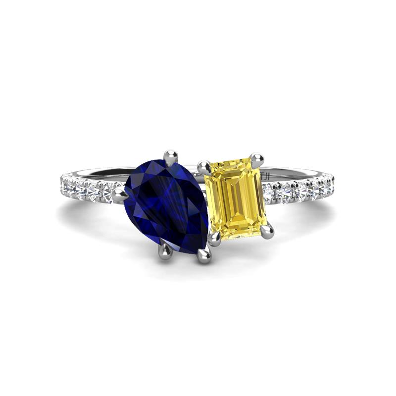 Zahara 9x7 mm Pear Blue Sapphire and 7x5 mm Emerald Cut Lab Created Yellow Sapphire 2 Stone Duo Ring 