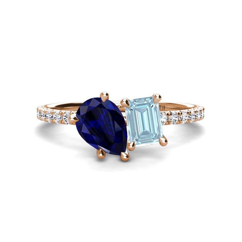 Zahara 9x7 mm Pear Blue Sapphire and 7x5 mm Emerald Cut Aquamarine 2 Stone Duo Ring 