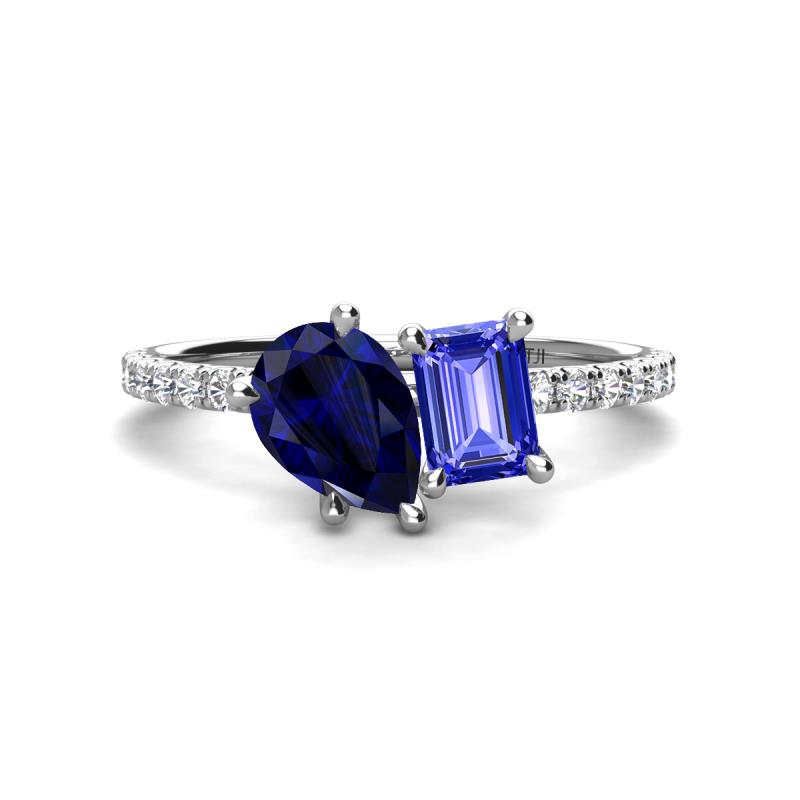 Zahara 9x7 mm Pear Blue Sapphire and 7x5 mm Emerald Cut Tanzanite 2 Stone Duo Ring 