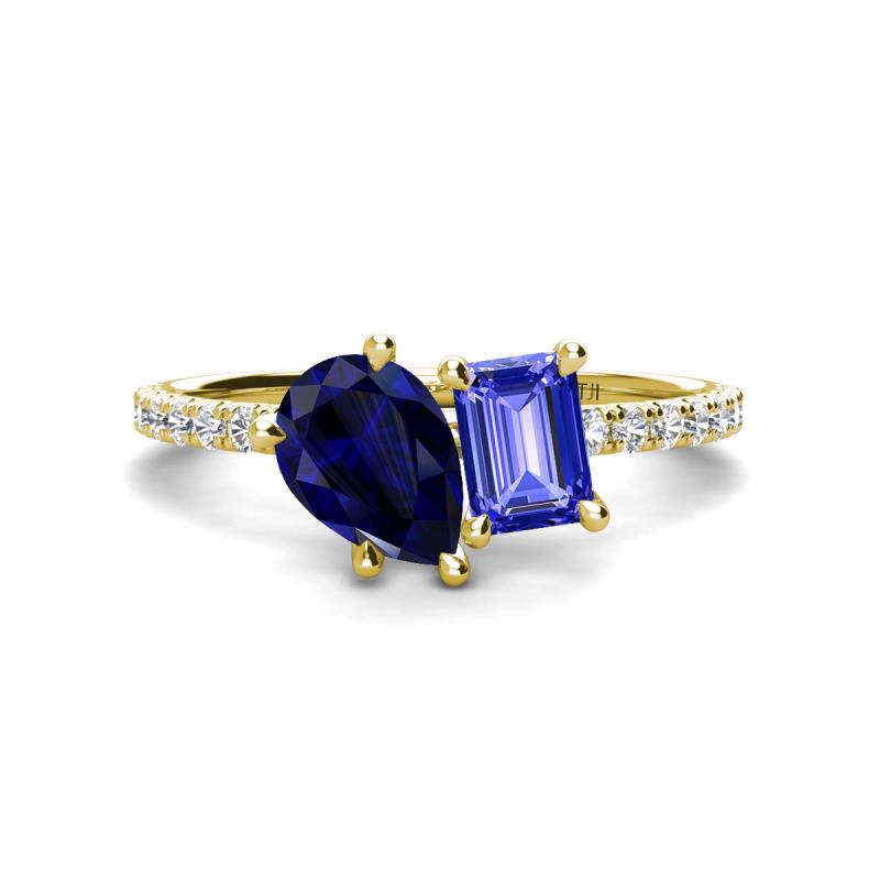 Zahara 9x7 mm Pear Blue Sapphire and 7x5 mm Emerald Cut Tanzanite 2 Stone Duo Ring 