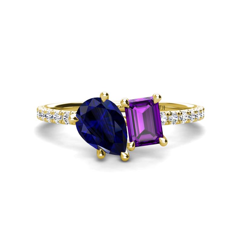 Zahara 9x7 mm Pear Blue Sapphire and 7x5 mm Emerald Cut Amethyst 2 Stone Duo Ring 