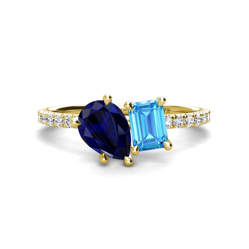 Zahara 9x7 mm Pear Blue Sapphire and 7x5 mm Emerald Cut Blue Topaz 2 Stone Duo Ring 