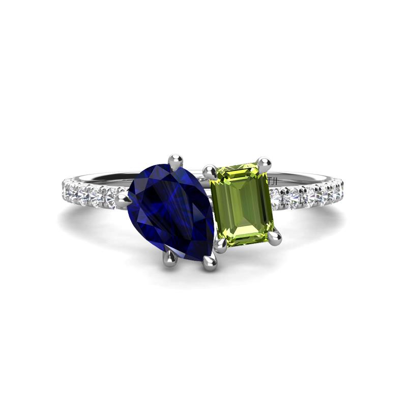 Zahara 9x7 mm Pear Blue Sapphire and 7x5 mm Emerald Cut Peridot 2 Stone Duo Ring 