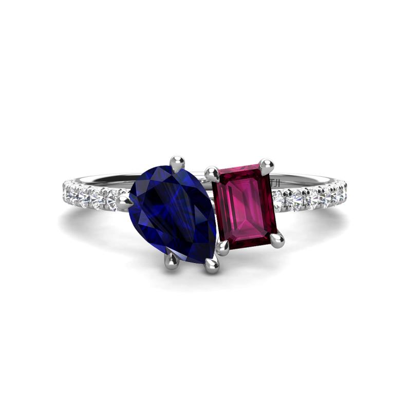 Zahara 9x7 mm Pear Blue Sapphire and 7x5 mm Emerald Cut Rhodolite Garnet 2 Stone Duo Ring 