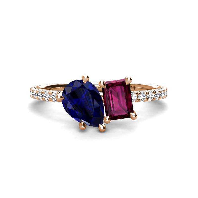 Zahara 9x7 mm Pear Blue Sapphire and 7x5 mm Emerald Cut Rhodolite Garnet 2 Stone Duo Ring 