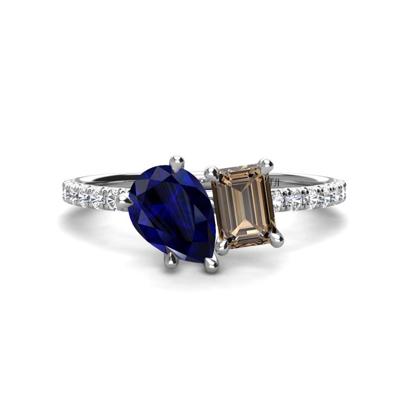 Zahara 9x7 mm Pear Blue Sapphire and 7x5 mm Emerald Cut Smoky Quartz 2 Stone Duo Ring 