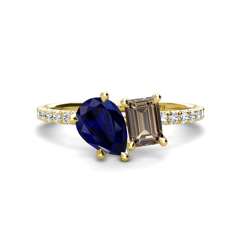 Zahara 9x7 mm Pear Blue Sapphire and 7x5 mm Emerald Cut Smoky Quartz 2 Stone Duo Ring 