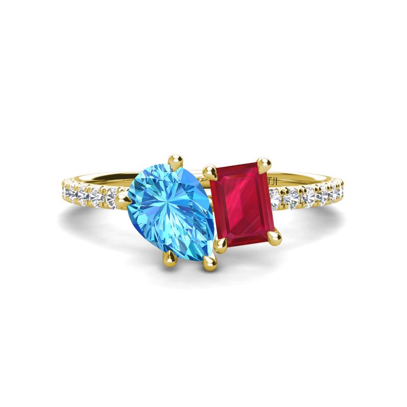 Zahara 9x6 mm Pear Blue Topaz and 7x5 mm Emerald Cut Lab Created Ruby 2 Stone Duo Ring 