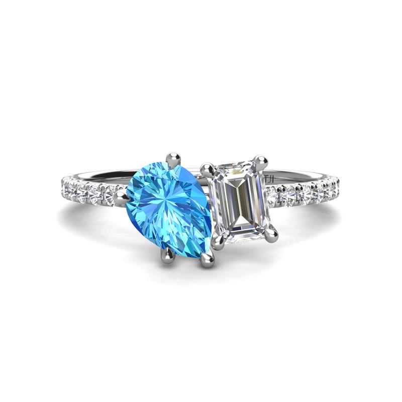 Zahara 9x6 mm Pear Blue Topaz and 7x5 mm Emerald Cut Forever Brilliant Moissanite 2 Stone Duo Ring 