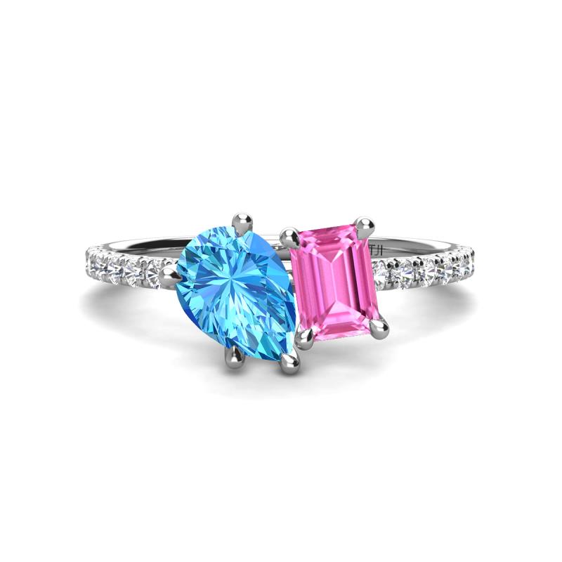 Zahara 9x6 mm Pear Blue Topaz and 7x5 mm Emerald Cut Lab Created Pink Sapphire 2 Stone Duo Ring 