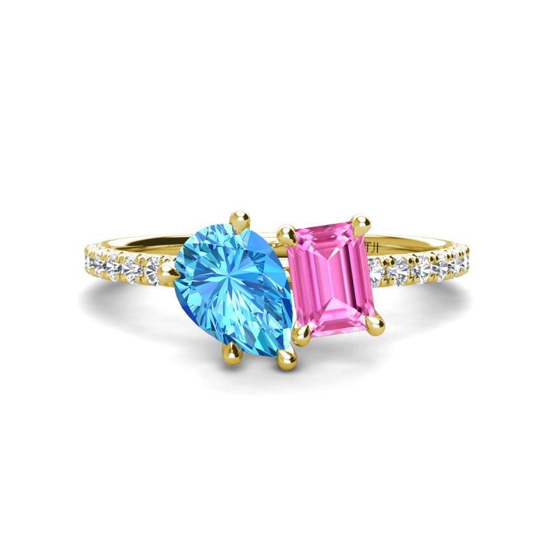 Zahara 9x6 mm Pear Blue Topaz and 7x5 mm Emerald Cut Lab Created Pink Sapphire 2 Stone Duo Ring 