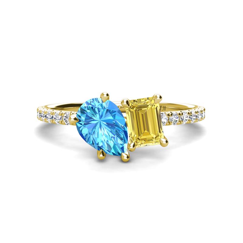 Zahara 9x6 mm Pear Blue Topaz and 7x5 mm Emerald Cut Lab Created Yellow Sapphire 2 Stone Duo Ring 