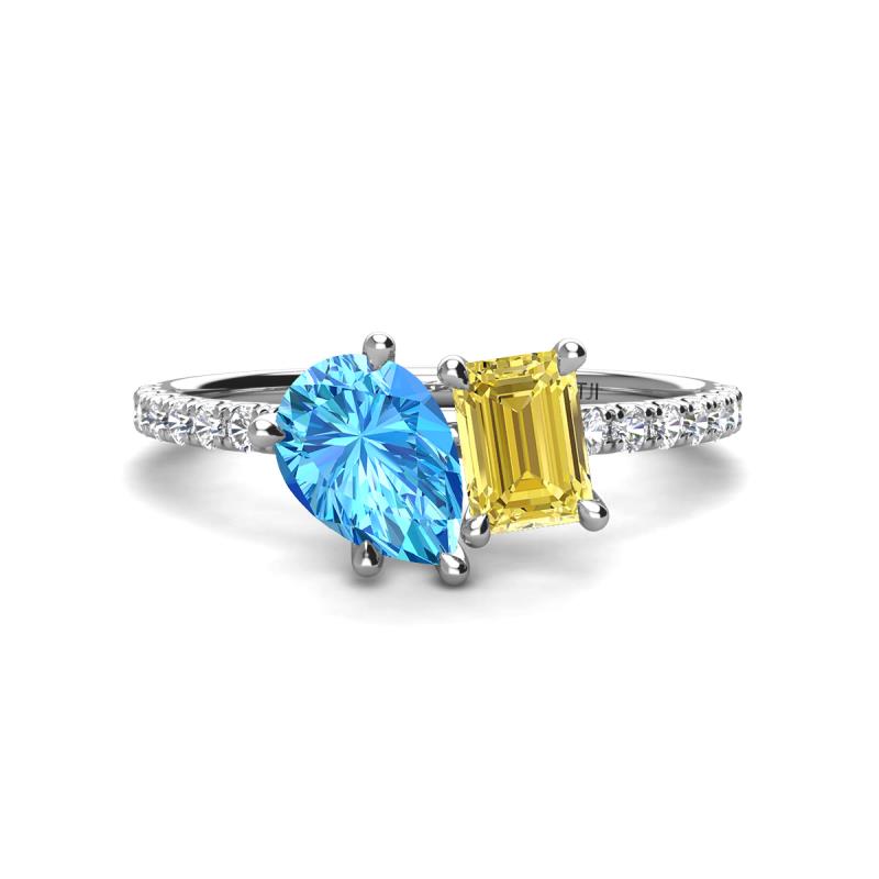 Zahara 9x6 mm Pear Blue Topaz and 7x5 mm Emerald Cut Lab Created Yellow Sapphire 2 Stone Duo Ring 