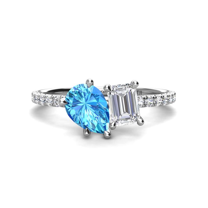 Zahara 9x6 mm Pear Blue Topaz and 7x5 mm Emerald Cut White Sapphire 2 Stone Duo Ring 