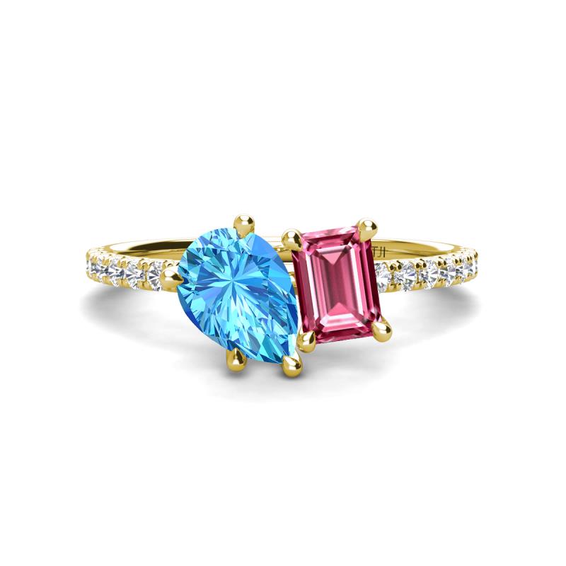 Zahara 9x6 mm Pear Blue Topaz and 7x5 mm Emerald Cut Pink Tourmaline 2 Stone Duo Ring 
