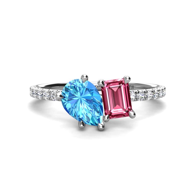 Zahara 9x6 mm Pear Blue Topaz and 7x5 mm Emerald Cut Pink Tourmaline 2 Stone Duo Ring 