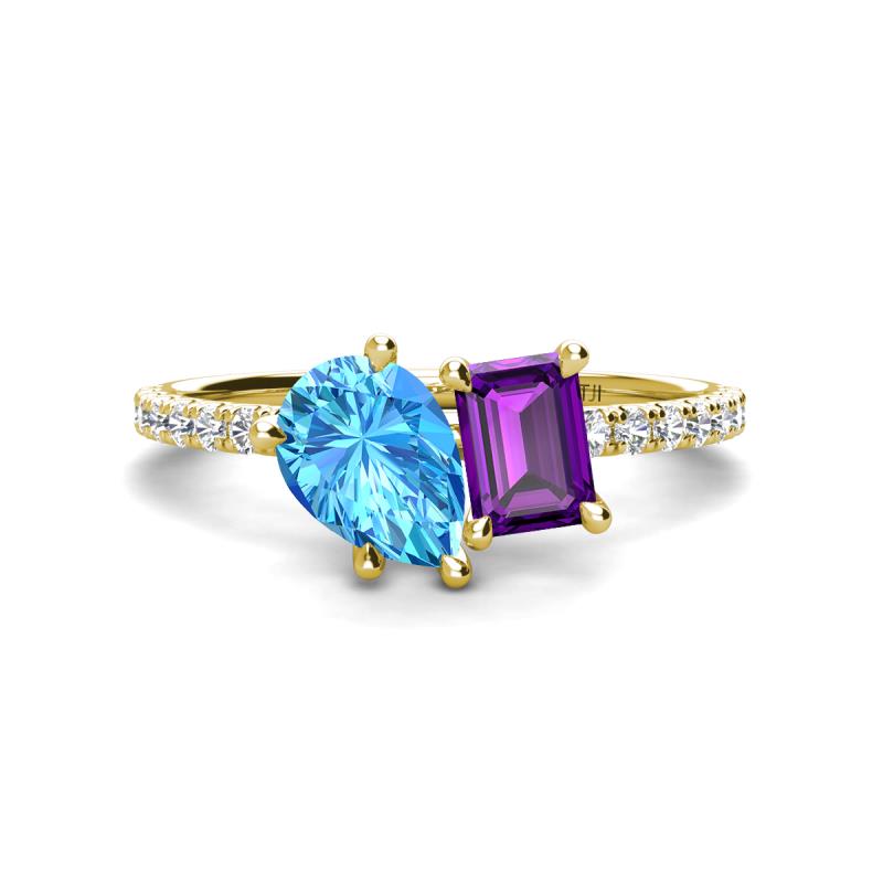 Zahara 9x6 mm Pear Blue Topaz and 7x5 mm Emerald Cut Amethyst 2 Stone Duo Ring 