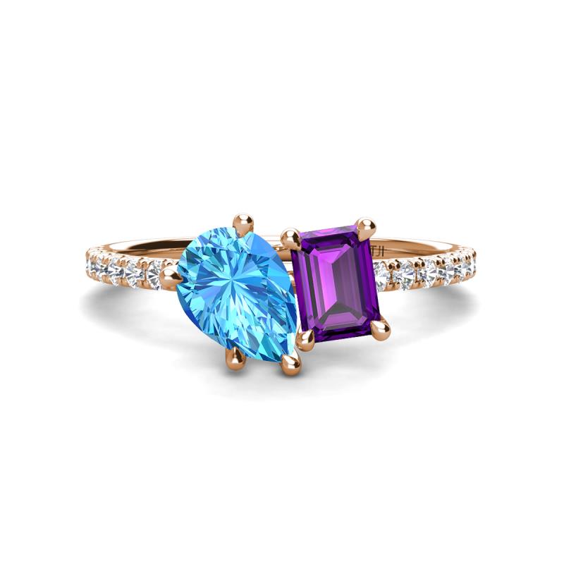 Zahara 9x6 mm Pear Blue Topaz and 7x5 mm Emerald Cut Amethyst 2 Stone Duo Ring 