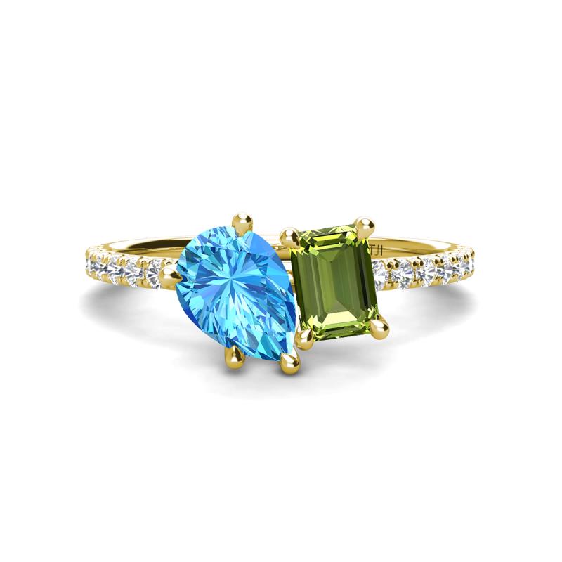 Zahara 9x6 mm Pear Blue Topaz and 7x5 mm Emerald Cut Peridot 2 Stone Duo Ring 