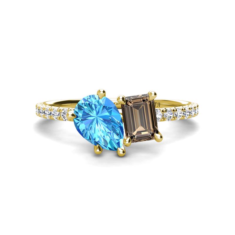 Zahara 9x6 mm Pear Blue Topaz and 7x5 mm Emerald Cut Smoky Quartz 2 Stone Duo Ring 