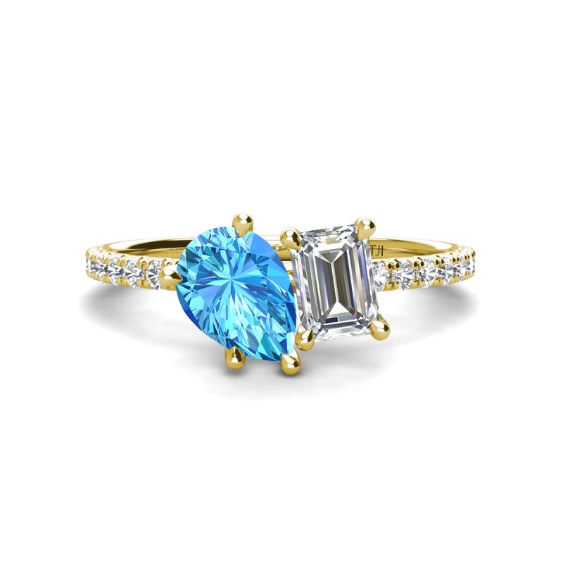 Zahara 9x6 mm Pear Blue Topaz and IGI Certified 7x5 mm Emerald Cut Lab Grown Diamond 2 Stone Duo Ring 