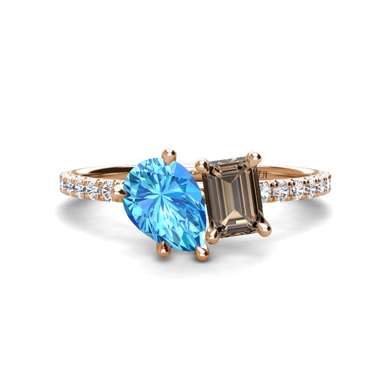 Zahara 9x6 mm Pear Blue Topaz and 7x5 mm Emerald Cut Smoky Quartz 2 Stone Duo Ring 