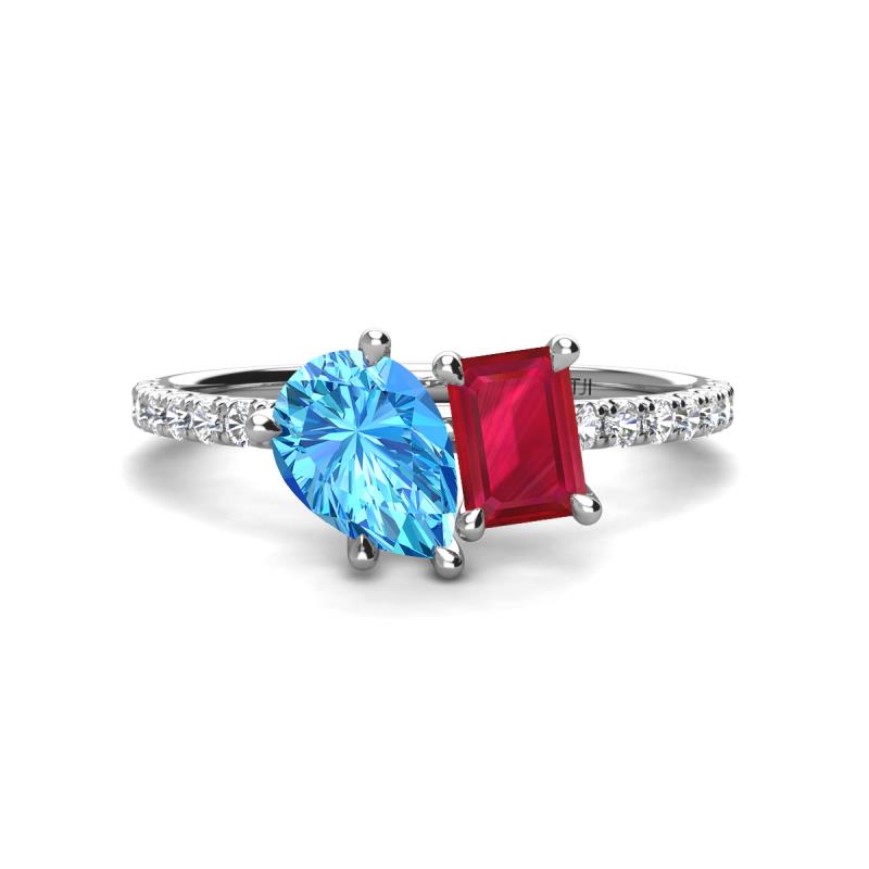 Zahara 9x6 mm Pear Blue Topaz and 7x5 mm Emerald Cut Lab Created Ruby 2 Stone Duo Ring 